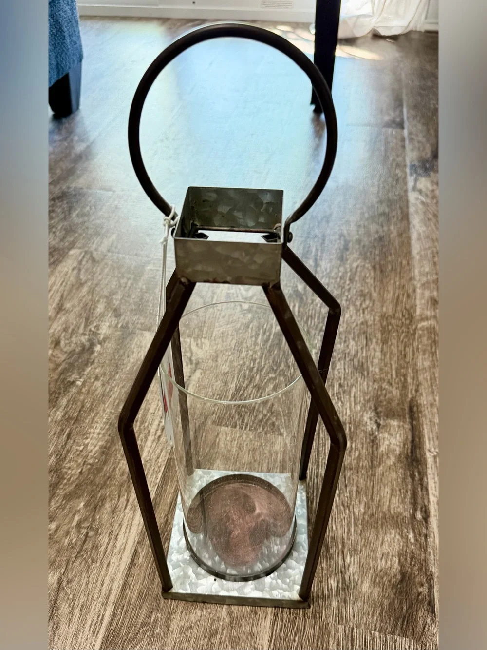 NWT Martha Stewart Rustic Brown Metal and Glass Candle Lantern. 14.5” x 5” x 5”